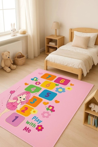 Peri Kızı Pembe Renkli Eğlenceli Seksek Aktivite Çocuk Halısı Pembe