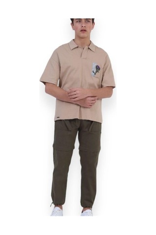 Zekids Erkek Çocuk Pamuklu Rahat Kesim Oversize Polo Yaka Tshırt-11813-bej Bej