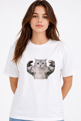 Nevermind Kadın Tişört Baskılı Kedi Desenli Basic Günlük Rahat Pamuk Beyaz M