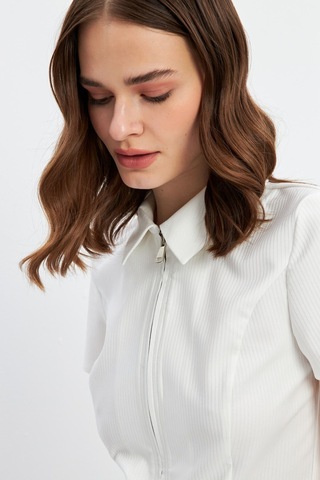 Stella Pulvis Beyaz Fermuarlı Slim Fit Kuplu Bluz Beyaz