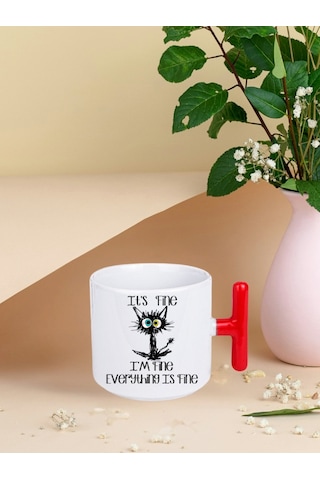 Deepcraft İyiyim Her Şey Yolunda Kedi T Kulplu Kupa Yılbaşı,sevgililer Günü, Hediyelik Kupa 185ml Beyaz