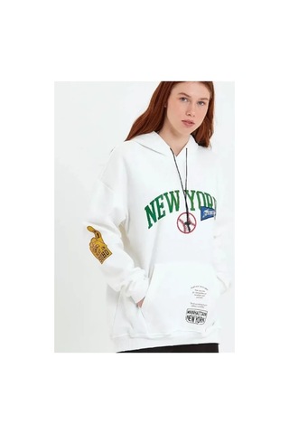 Veraura Lifestyle Baskılı Kapüşonlu Sweatshirt - Beyaz