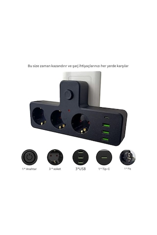 3'lü Termal Akım Korumalı Priz 3xusb 1xtype-c 20w Pd Giriş 2 M