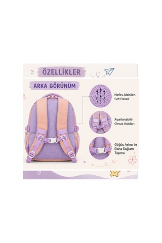 Peluş Oyuncak Detaylı 3'lü İlkokul Çanta Seti - Çok Bölmeli Su İtici Okula Dönüş İlkokul Mor