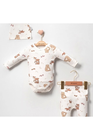 3-18 Ay Erkek Bebek Takımı Karaca 3'lü Şapkalı Krem