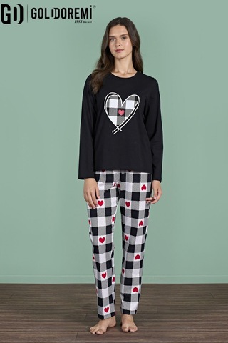 Gd Goldoremi 1959 Kadın Yuvarlak Yaka Kalpli Ekoseli Uzun Kollu Pijama Takım Siyah