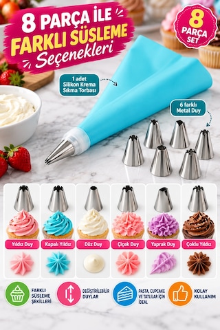 8 Parça Silikon Krema Sıkma Torbası Seti 6 Metal Duy Başlıklı Pasta Kek Cupcake Süsleme Aparatı Seti Çok Renkli