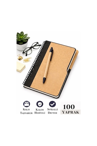 Siyah Sert Kapak Çizgili Defter 100 Yaprak 1 Adet Kalem Hediyeli Lastikli Defter Spiralli Günlük Kullanım Not Defteri
