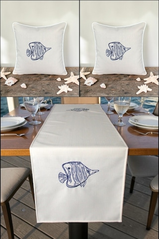 Marin Nakışlı Runner 145x40 Ve 45x45 Kırlent Seti Balık Desen Su İtici Outdoor Keten Tekne Bahçe Krem