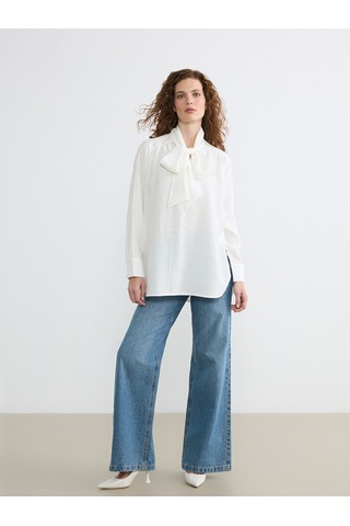 Lcw Studıo Beyaz Fular Yaka Büzgülü Oversize Bluz