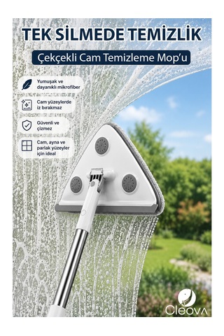 Cleova Üçgen Başlıklı Çekpas Özellikli Cam Temizleme Mop Beyaz - Gri