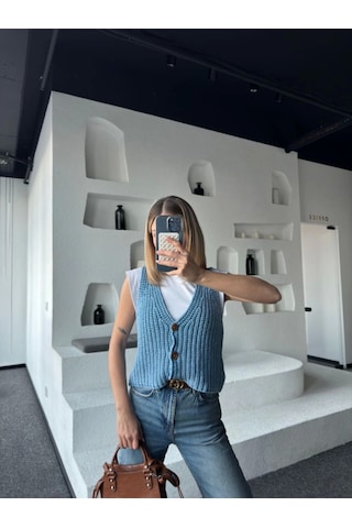 Modasize Triko Kolsuz Düğmeli Yelek - Mavi Mavi