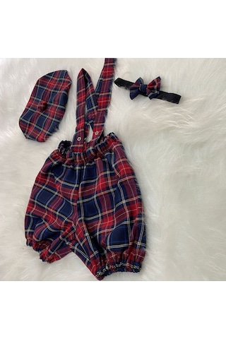 Eylülce Butik Laci Ekoseli Çocuk Askılı Şort Salopet & Ressam Şapkası & Papyon Takım- Pasta Patlatma-doğum Günü Lacivert