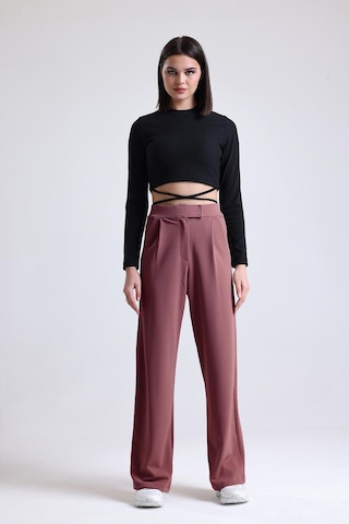 Kadın Wide Leg Likralı Cırt Kapamalı Lastikli Palazzo Pantolon - Vişne Çürüğü Gülkurusu