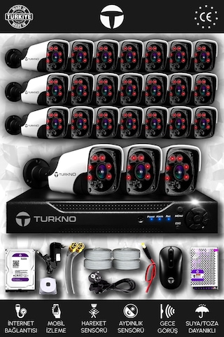 Turkno 24 Kameralı Pania 24 Dış Kamera Set 320 GB HDD Full HD Gece Görüşlü Güvenlik Kamerası Sistemi