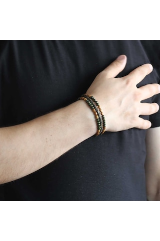 Ahşap Taşlı Sarı-Yeşil Renk Deri Ahşap Erkek Bileklik Çok Renkli