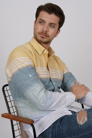 Panolu Sarı Yeşil Slimfit Keten Erkek Gömlek Sarı
