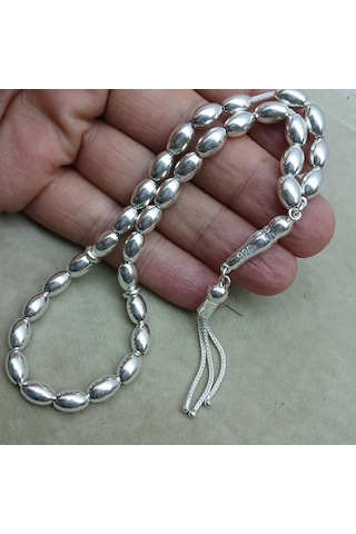 925 Ayar Gümüş Tesbih Arpa Kesim Düz Model Büyük Boy