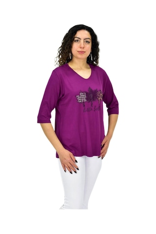 Caftan Kadın Kısa Kol Taşlı Bluz Bgl-st04711 Mor