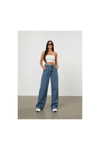 Bluemarlin Tam Kalıp Yüksek Bel Ön Arka Pensli Bol Paça Baggy Jeans Mavi