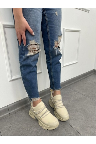 Erva'nın Butiği Bej Dore Kadın Gizli Topuklu Bağcıklı Sneakers-5263