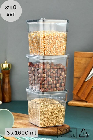 3 Parça Contalı Ve Sızdırmaz Kapaklı Saklama Kabı Seti Buzdolabı Ve Kuru Gıda Uyumlu 3x1600 Ml Şeffaf