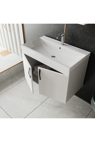 Karen Banyo Ege 80 Cm Lavabolu Alt Banyo Dolabı, Kapaklı Banyo Alt Dolabı,seramik Lavabo Dahil Beyaz
