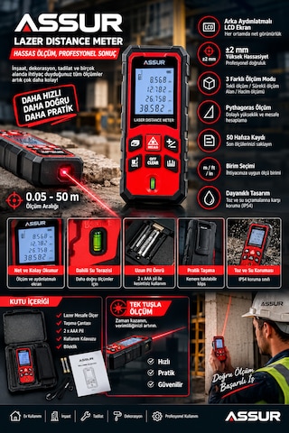 Assur 50 Metre Lazer Mesafe Ölçer Lazer Metre
