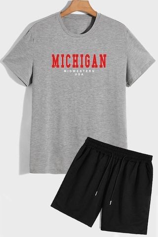 Uyguntarz Rahat Tasarım Michigan Şort T-shirt Eşofman Takımı Gri