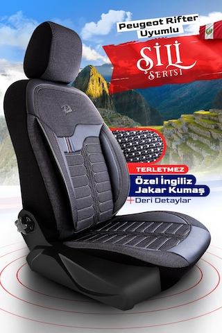 Siyah - Gri Panda Şili Serisi İngiliz Jakar Kumaş Peugeot Rifter Uyumlu Oto Koltuk Kılıfı - Tam Set