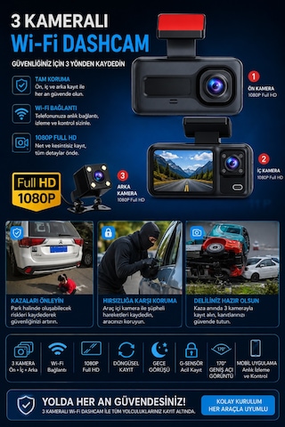 3 Kameralı Araç İçi Kamera Seti 1080p Full Hd Wi-fi Gece Görüşlü Geri Görüş Kameralı Viidure Mobil Uygulama Destekli