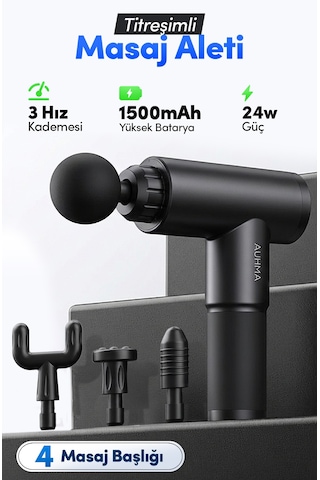 Auhma Amg35 Şarjlı Masaj Tabancası 24w 3 Kademeli Titreşimli Massage Gun 4 Başlıklı Profesyonel Siyah