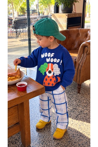 Elzo Collection Erkek Çocuk Woof Yazı Ve Köpek Baskılı Sweatshirt Kareli Gabardin Denim Pantolon Alt Üst Takım Çok Renkli