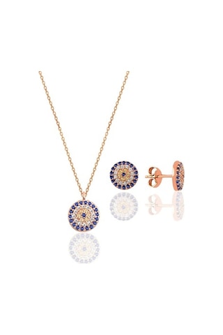 Gümüş Rose Zirkon Taşlı Nazar Kolye Ve Küpe Gümüş Ikili Set