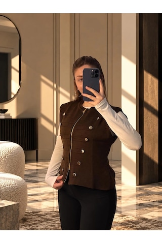 Elora Atelier Pankou Çin Düğme Detaylı Kahverengi Triko Yelek