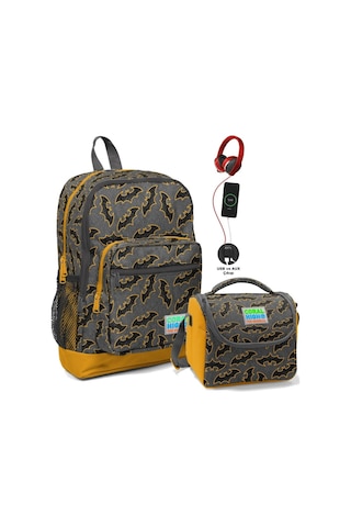 Coral High Okul Çantası Ve Termal Beslenme Çanta Seti - Erkek Çocuk Gri Hardal Yarasa Usb Ve Aux Çıkışlı