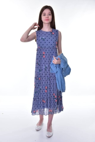 Kız Çocuk Kot Bolerolu Astarlı Şifon Uzun Çiçekli Elbise Koyu Mavi