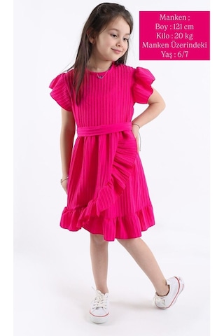 Aden Kids Kız Çocuk Yazlık Fırfırlı Şık Elbise - Fuşya Renkli, 2-8 Yaş - Likralı Ve Kemerli Model