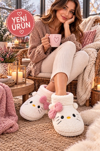 Moon Cloud Moo Kadın Peluş Pudra Hello Figürlü Ev Botu Kışlık Sıcak Tutan Yumuşak Tabanlı Sevimli Terlik Ev Panduf Ev Beyaz - Pembe