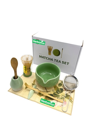 Herbarius 8 Parça Çiçek Desenli Balık Sırtı Kabartmalı Mint Yeşili Renk Matcha Çayı Hazırlama Seti - Geleneksel Japon Matcha Seti
