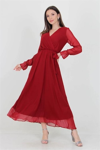 Neşeli Butik Kadın Bordo Yeni Sezon Astarlı Kruvaze Yaka Uzun Şifon Elbise Nb003 Bordo