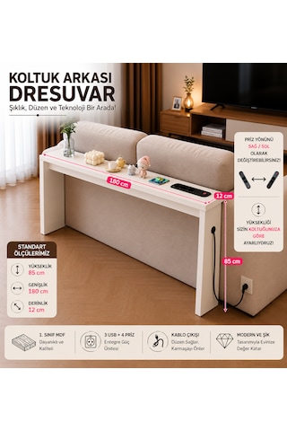 Koltuk Arkası Dresuar 2 Usb + 1 Type-c + 4 Priz Çıkışlı 1. Sınıf Mdf 100 / 150 / 180 Cm Beyaz