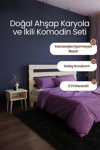 Renazzo Urban Masif Ahşap Karyola Ve 2 Adet Komodin Natürel 140x200 Natürel - 140 X 200