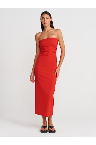 Dilvin 91368 Straplez Midi Elbise-kırmızı Kırmızı