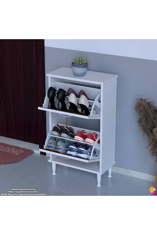Modilayn Umay Kapı Önü 52 X 90 X 25, 5 Cm Lik 2 Düşer Kapak 4 Göz Bölmeli Ayakkabılık Beyaz - Ceviz