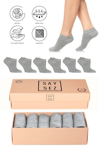 Saysez Bambu Kadın Patik Gri Melanj Çorap Dikişsiz Premium Kutulu 6'lı Gri Melanj