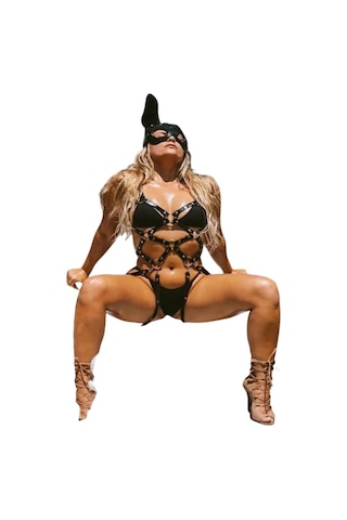 Sınırsızmarket Siyah Deri Görünümlü Koşum Takımı Kostüm, Tavşan Maskeli, Metal Halkalar Ve Perçinli, Seksi