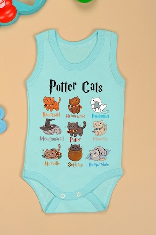 Bebetospik %100 Pamuklu Potter Cats Baskılı Yumuşak Doku Baskılı Zıbın & Body Turkuaz