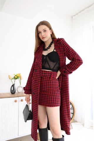 Neşeli Butik Kadın İthal Kaşe Kumaş Etek Ve Kaban İkili Takım Nbemp2576 bordo