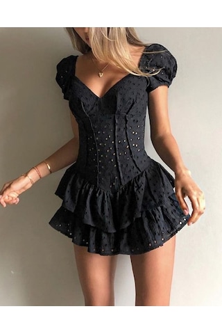 Astarı Şortlu Transparan Detaylı Dantel Kısa Kol Mini Gece Şort Tulum Siyah